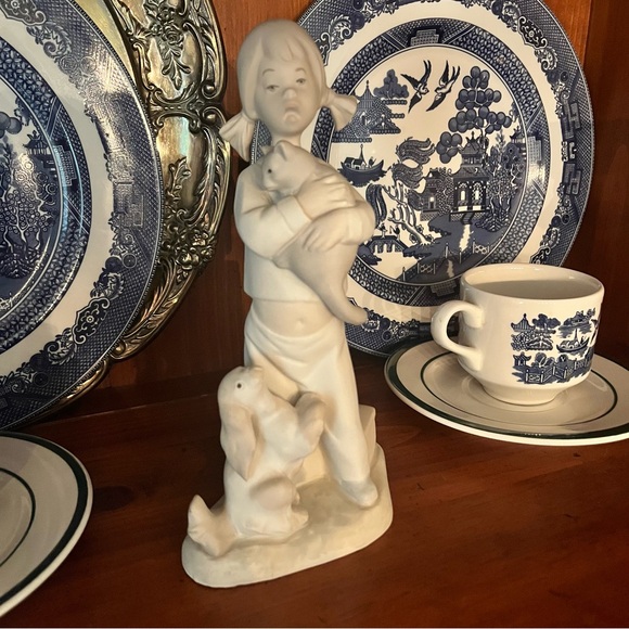 Vintage Lladro Inspired Girl with Pigtails Holding Her Cat with Puppy at Feet - Picture 1 of 6